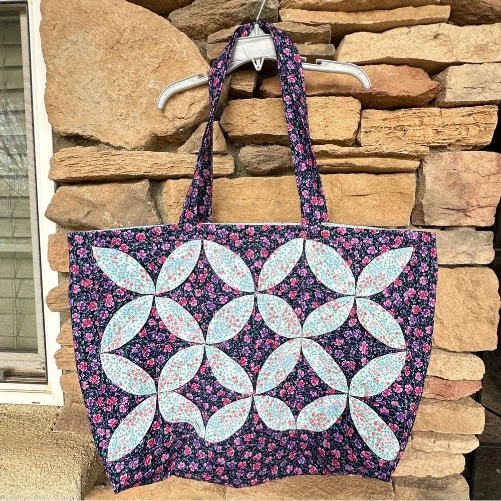 Handmade Quilted Tote Bag Floral Patchwork Navy Pink Large